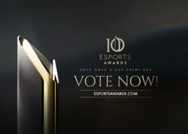 An Esports Awards trophy with the text '10 Esports Awards' and 'VOTE NOW!' on a dark background.
