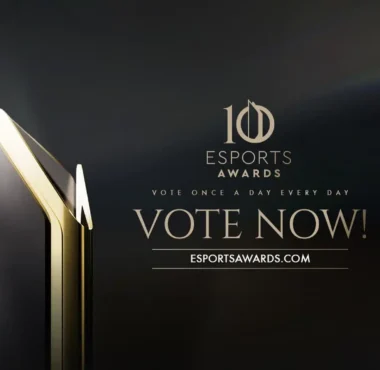 An Esports Awards trophy with the text '10 Esports Awards' and 'VOTE NOW!' on a dark background.