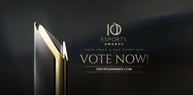 An Esports Awards trophy with the text '10 Esports Awards' and 'VOTE NOW!' on a dark background.