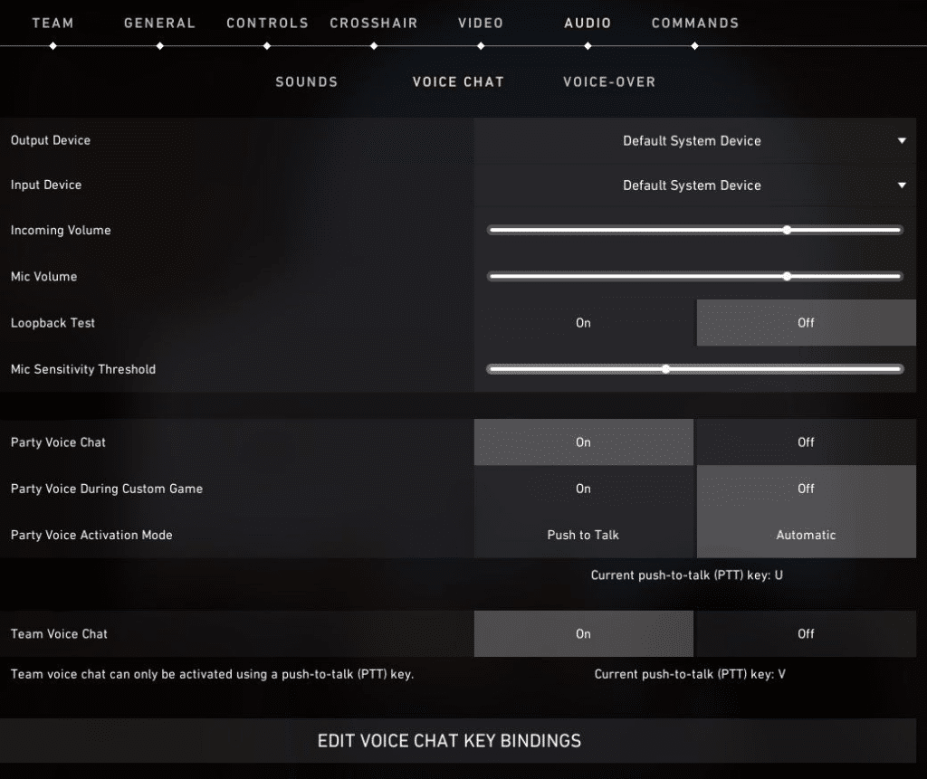 menu de bate-papo por voz