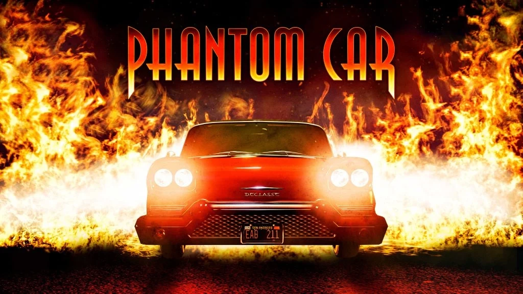 Arte de Halloween do GTA Online apresentando o Declasse Tornado (Carro Fantasma) vermelho ardente cercado por chamas brilhantes, exibindo seus faróis brilhantes, placa de San Andreas e "CARRO FANTASMA" texto na parte superior.   