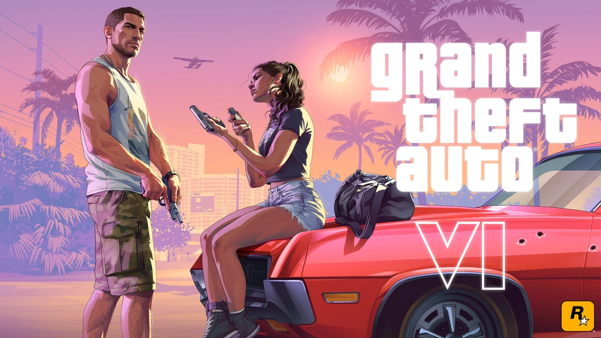 Arte oficial de Grand Theft Auto VI apresentando os protagonistas Jason e Lucia. Lucia está sentada no capô de um carro vermelho com buracos de bala, segurando uma arma e uma revista, enquanto Jason está por perto segurando uma arma de fogo, contra um fundo de pôr do sol tropical com palmeiras e um hidroavião voando no alto.