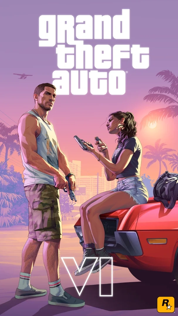 Arte oficial de Grand Theft Auto VI apresentando os protagonistas Jason e Lucia. Lucia está sentada no capô de um carro vermelho com buracos de bala, segurando uma arma e uma revista, enquanto Jason está por perto segurando uma arma de fogo, contra um fundo de pôr do sol tropical com palmeiras e um hidroavião voando no alto.