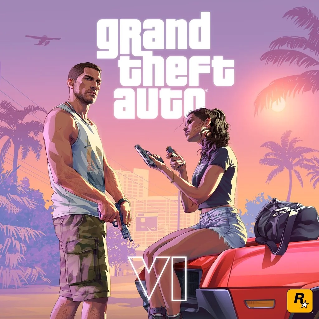 Arte oficial de Grand Theft Auto VI apresentando os protagonistas Jason e Lucia. Lucia está sentada no capô de um carro vermelho com buracos de bala, segurando uma arma e uma revista, enquanto Jason está por perto segurando uma arma de fogo, contra um fundo de pôr do sol tropical com palmeiras e um hidroavião voando no alto.