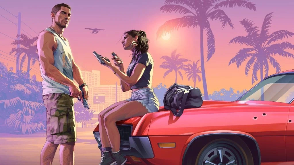 Arte oficial de Grand Theft Auto VI apresentando os protagonistas Jason e Lucia. Lucia está sentada no capô de um carro vermelho com buracos de bala, segurando uma arma e uma revista, enquanto Jason está por perto segurando uma arma de fogo, contra um fundo de pôr do sol tropical com palmeiras e um hidroavião voando no alto.