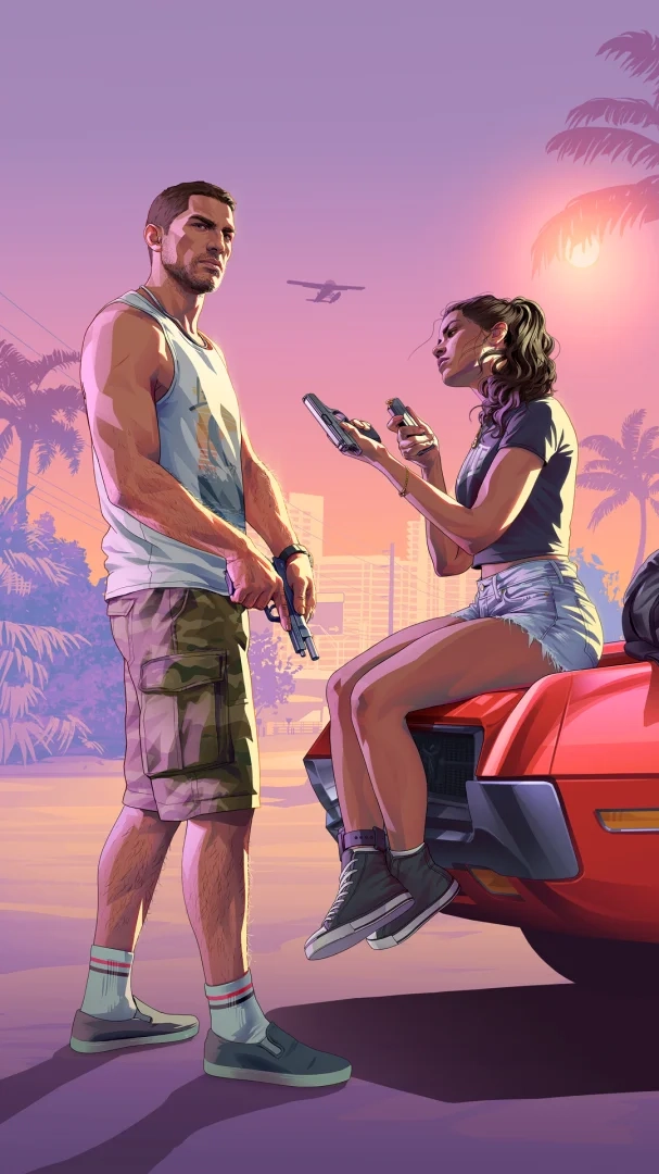 Arte oficial de Grand Theft Auto VI apresentando os protagonistas Jason e Lucia. Lucia está sentada no capô de um carro vermelho com buracos de bala, segurando uma arma e uma revista, enquanto Jason está por perto segurando uma arma de fogo, contra um fundo de pôr do sol tropical com palmeiras e um hidroavião voando no alto.   