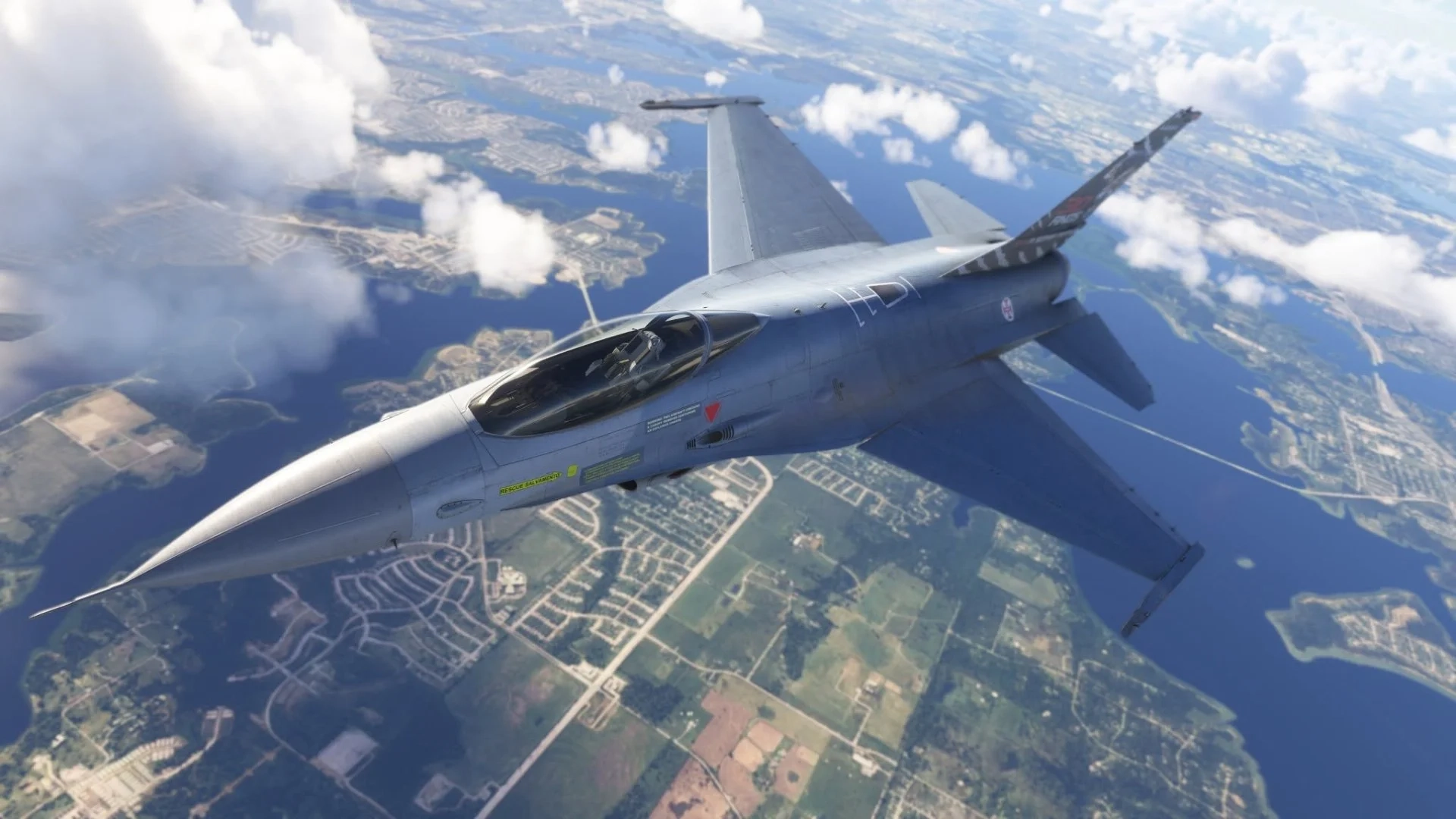 Uma cena de simulação de voo: Microsoft Flight Simulator F16