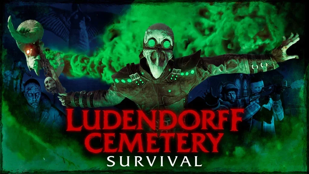 Arte promocional de Halloween do GTA Online para Ludendorff Cemetery Survival, apresentando um personagem com uma roupa verde brilhante de médico da peste segurando um cajado, flanqueado por zumbis à esquerda e jogadores armados à direita, contra um fundo de névoa verde misterioso com texto vermelho e branco "SOBREVIVÊNCIA NO CEMITÉRIO DE LUDENDORFF".