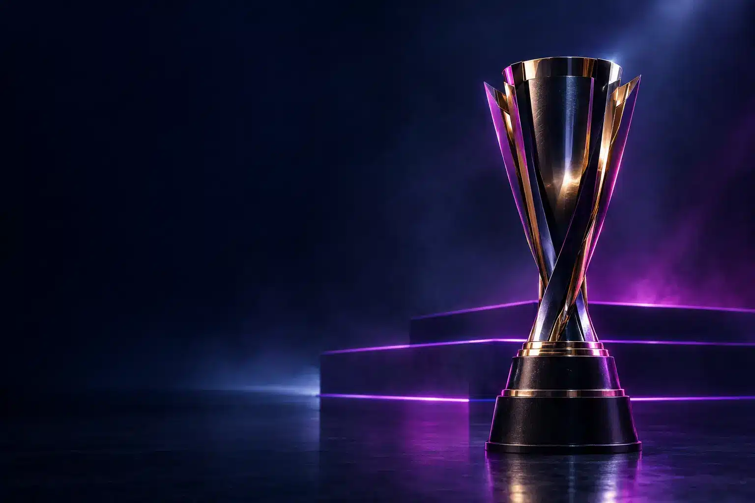 Troféu do campeonato em um palco escuro de esportes eletrônicos com iluminação violeta, simbolizando o quarto título da ESL Pro League da Vitality.