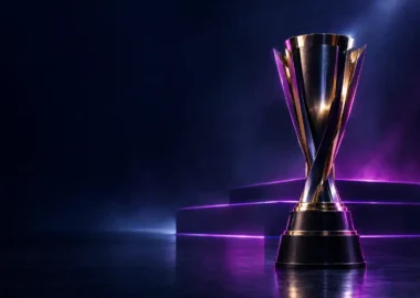 Championship trophy on a dark esports stage with violet lighting, symbolising Vitality’s fourth ESL Pro League title.