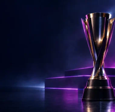 Championship trophy on a dark esports stage with violet lighting, symbolising Vitality’s fourth ESL Pro League title.