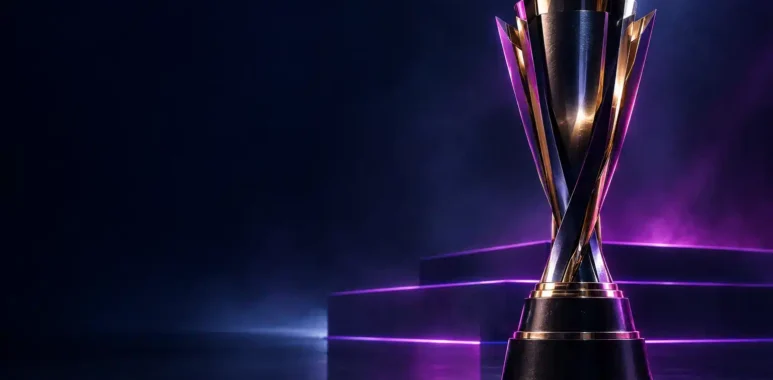 Championship trophy on a dark esports stage with violet lighting, symbolising Vitality’s fourth ESL Pro League title.