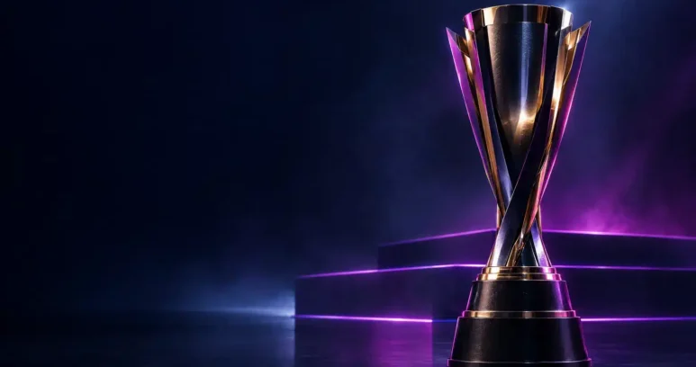 Championship trophy on a dark esports stage with violet lighting, symbolising Vitality’s fourth ESL Pro League title.