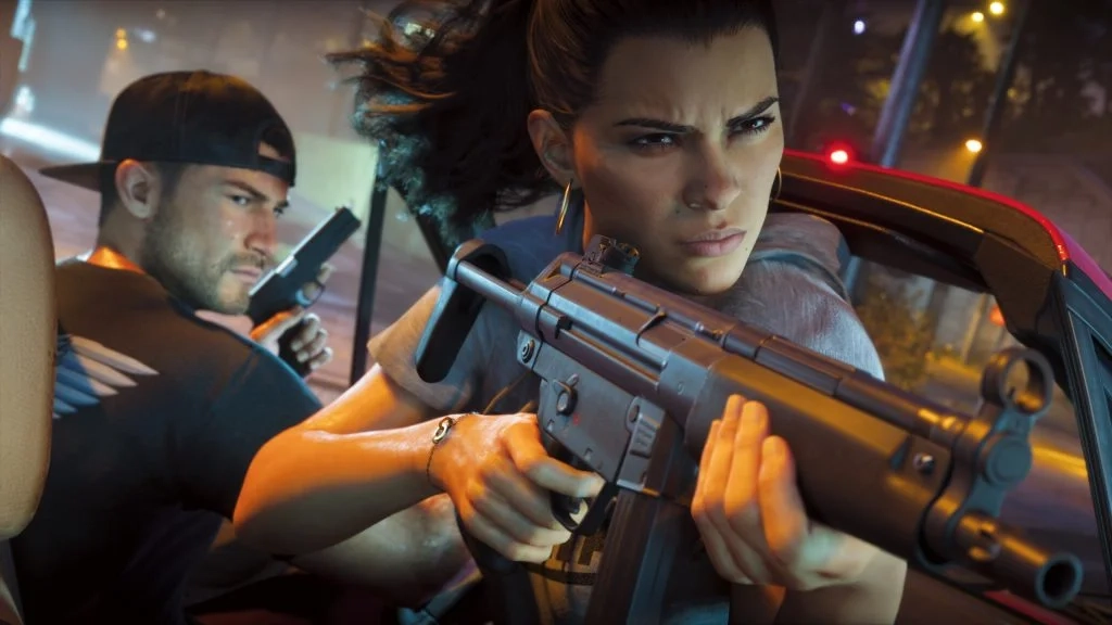 Lucia aponta uma submetralhadora pela janela de um carro ao lado de Jason segurando uma pistola em Grand Theft Auto 6.