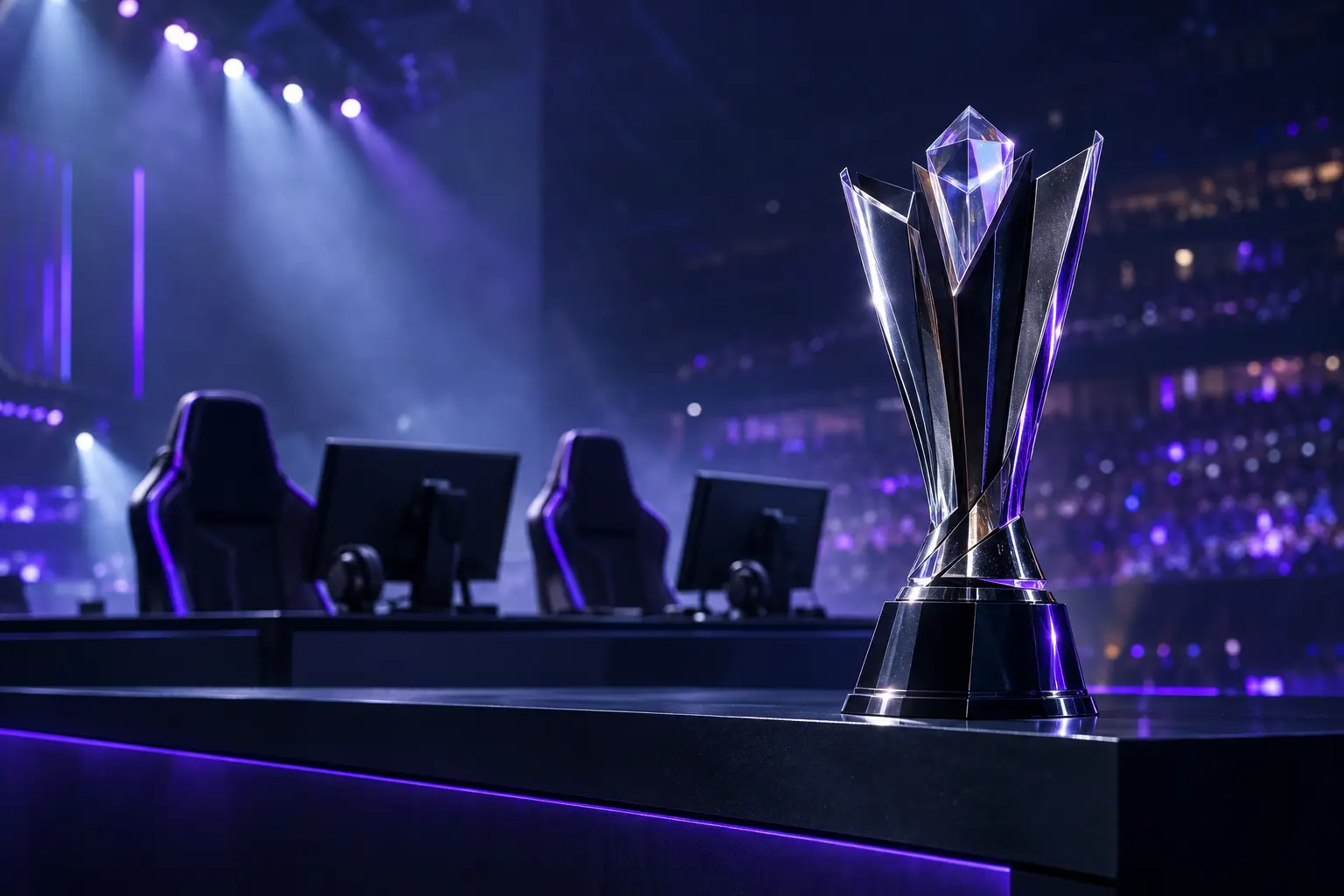 Troféu do campeonato de esportes eletrônicos em um palco LAN com cadeiras de jogos vazias após uma mudança na escalação
