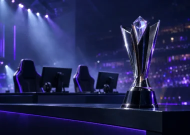 Esports championship trophy on a LAN stage with empty gaming chairs after a roster change