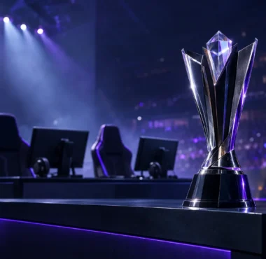 Esports championship trophy on a LAN stage with empty gaming chairs after a roster change