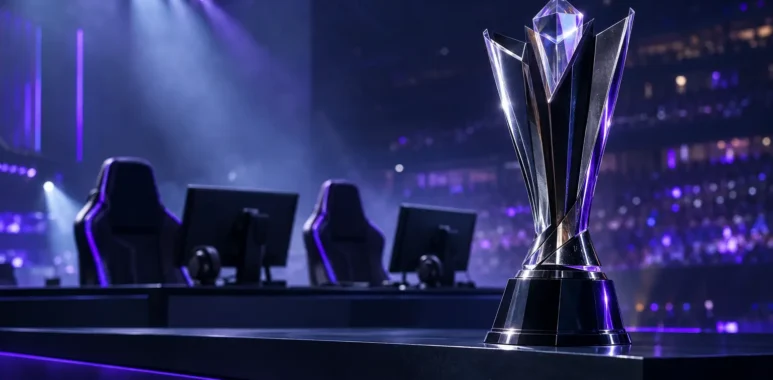 Esports championship trophy on a LAN stage with empty gaming chairs after a roster change