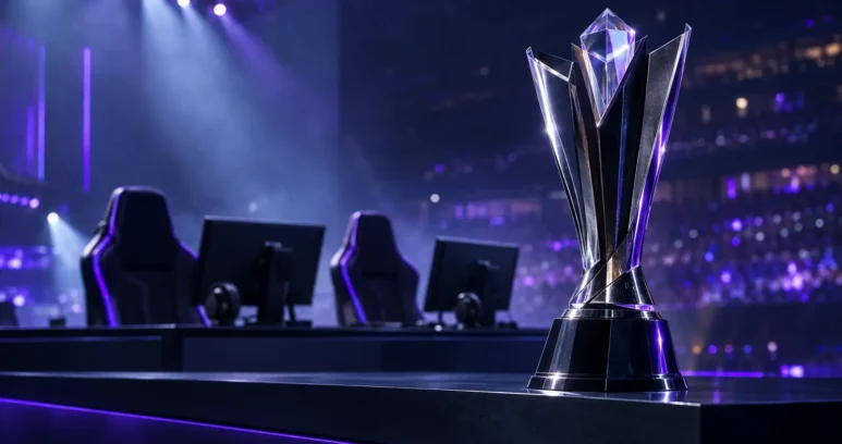 Esports championship trophy on a LAN stage with empty gaming chairs after a roster change