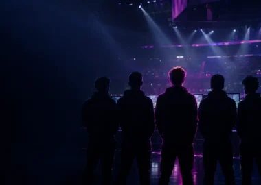 Five-player CS2 esports lineup silhouetted on a dark arena stage with one figure highlighted in violet