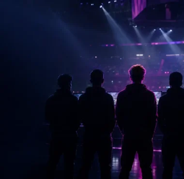 Five-player CS2 esports lineup silhouetted on a dark arena stage with one figure highlighted in violet