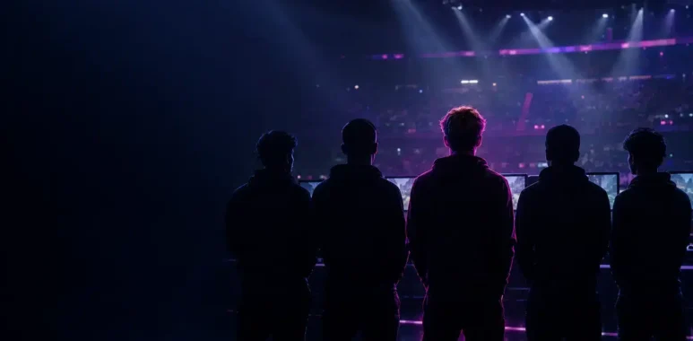 Five-player CS2 esports lineup silhouetted on a dark arena stage with one figure highlighted in violet