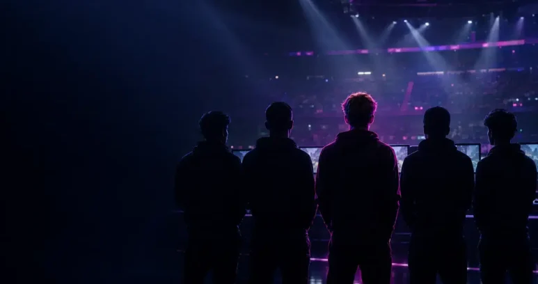 Five-player CS2 esports lineup silhouetted on a dark arena stage with one figure highlighted in violet