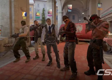 Five characters from Counter-Strike 2 standing in an outdoor urban setting with the CS2 logo in the corner.