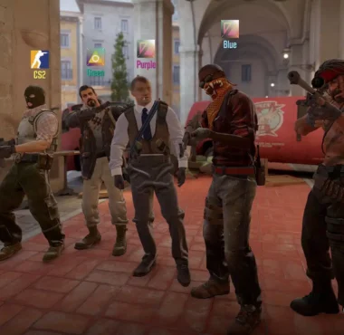 Five characters from Counter-Strike 2 standing in an outdoor urban setting with the CS2 logo in the corner.