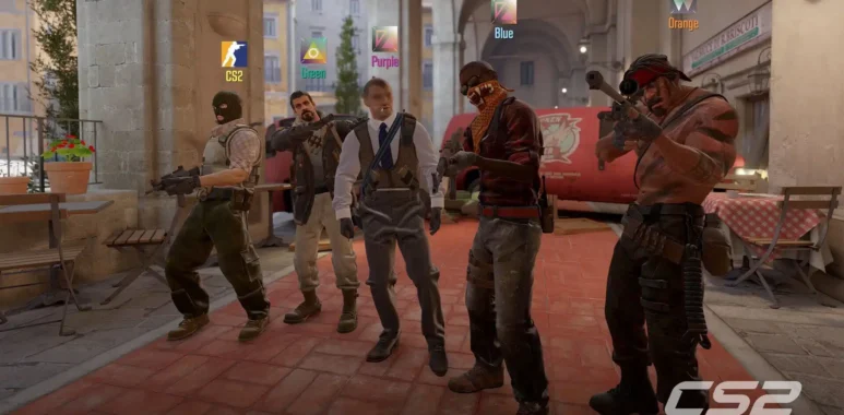 Five characters from Counter-Strike 2 standing in an outdoor urban setting with the CS2 logo in the corner.