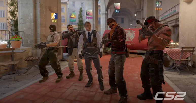 Five characters from Counter-Strike 2 standing in an outdoor urban setting with the CS2 logo in the corner.
