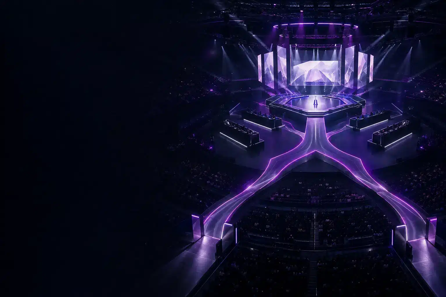 Palco de arena de esportes eletrônicos iluminado em violeta simbolizando a chave completa dos playoffs do BLAST Slam VIII