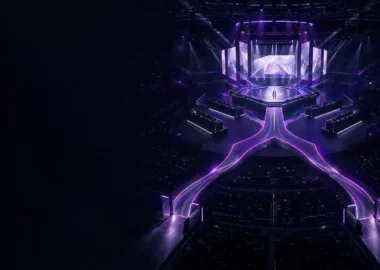 Violet-lit esports arena stage symbolising the completed BLAST Slam VIII playoff bracket