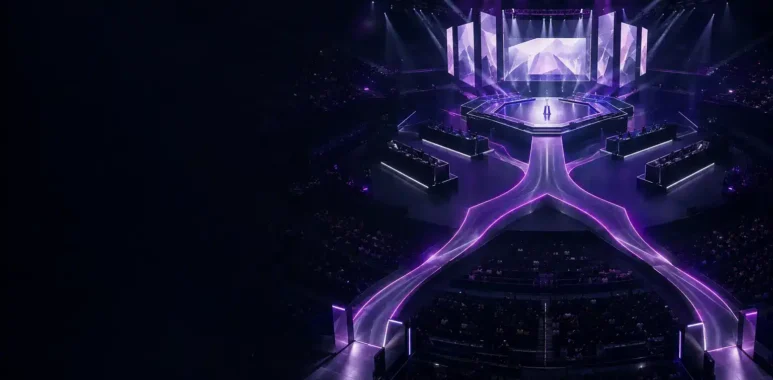 Violet-lit esports arena stage symbolising the completed BLAST Slam VIII playoff bracket