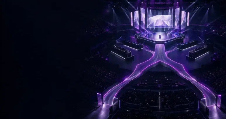 Violet-lit esports arena stage symbolising the completed BLAST Slam VIII playoff bracket