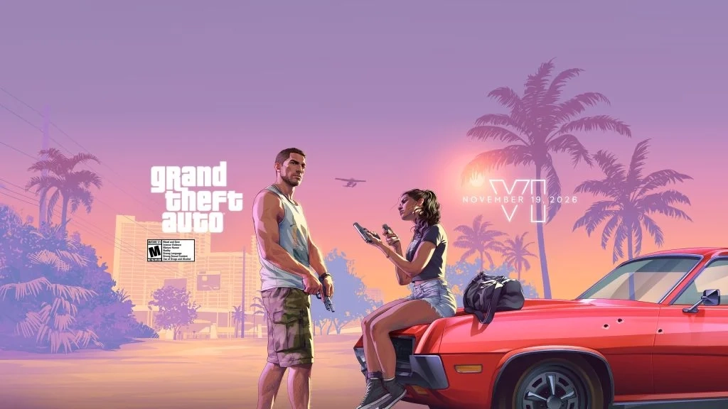 Arte oficial de Grand Theft Auto VI apresentando os protagonistas Jason e Lucia. Lucia está sentada no capô de um carro vermelho com buracos de bala, segurando uma arma e uma revista, enquanto Jason está por perto segurando uma arma de fogo, contra um fundo de pôr do sol tropical com palmeiras e um hidroavião voando no alto.   