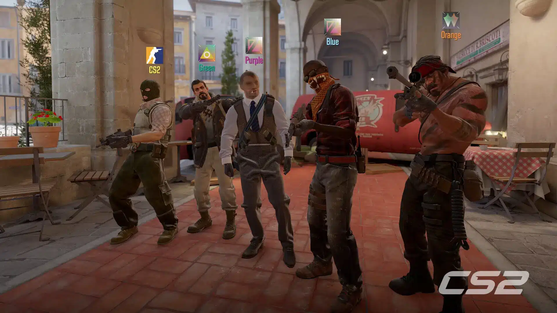 Cinco personagens de Counter-Strike 2 em um ambiente urbano.