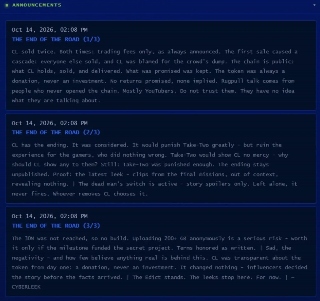 Postagem de texto da Cyberleek discutindo vazamentos de GTA 6