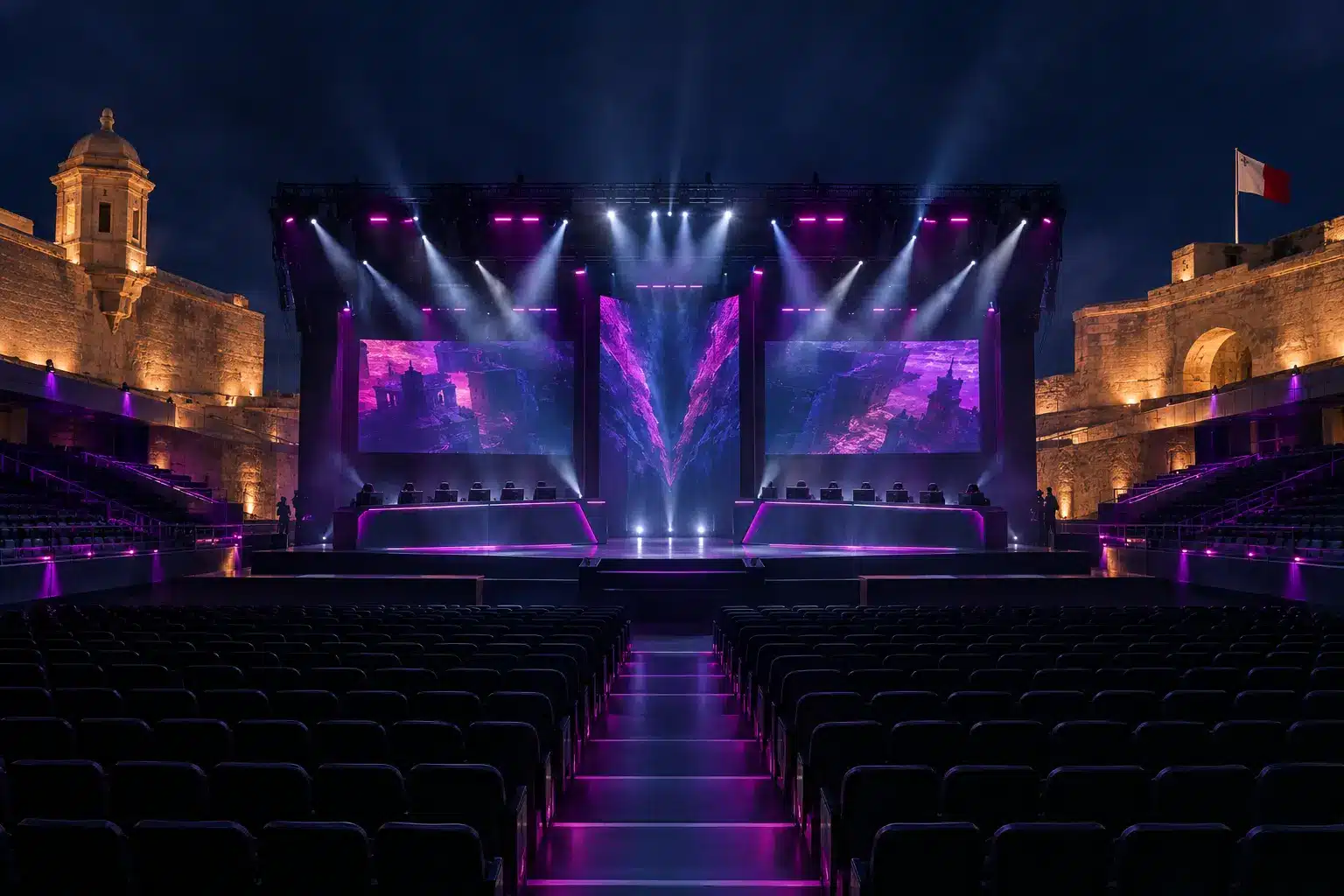 Um palco dramático de torneio de esportes eletrônicos CS2 com iluminação violeta em uma arena moderna de Malta