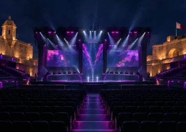 A dramatic CS2 esports tournament stage with violet lighting in a modern Malta arena