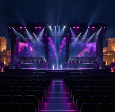 A dramatic CS2 esports tournament stage with violet lighting in a modern Malta arena