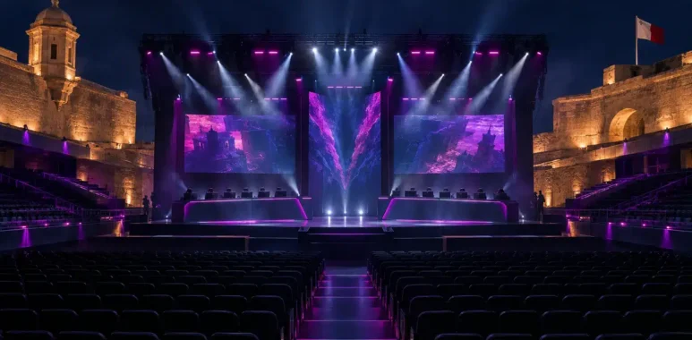 A dramatic CS2 esports tournament stage with violet lighting in a modern Malta arena