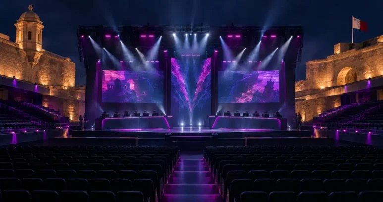 A dramatic CS2 esports tournament stage with violet lighting in a modern Malta arena