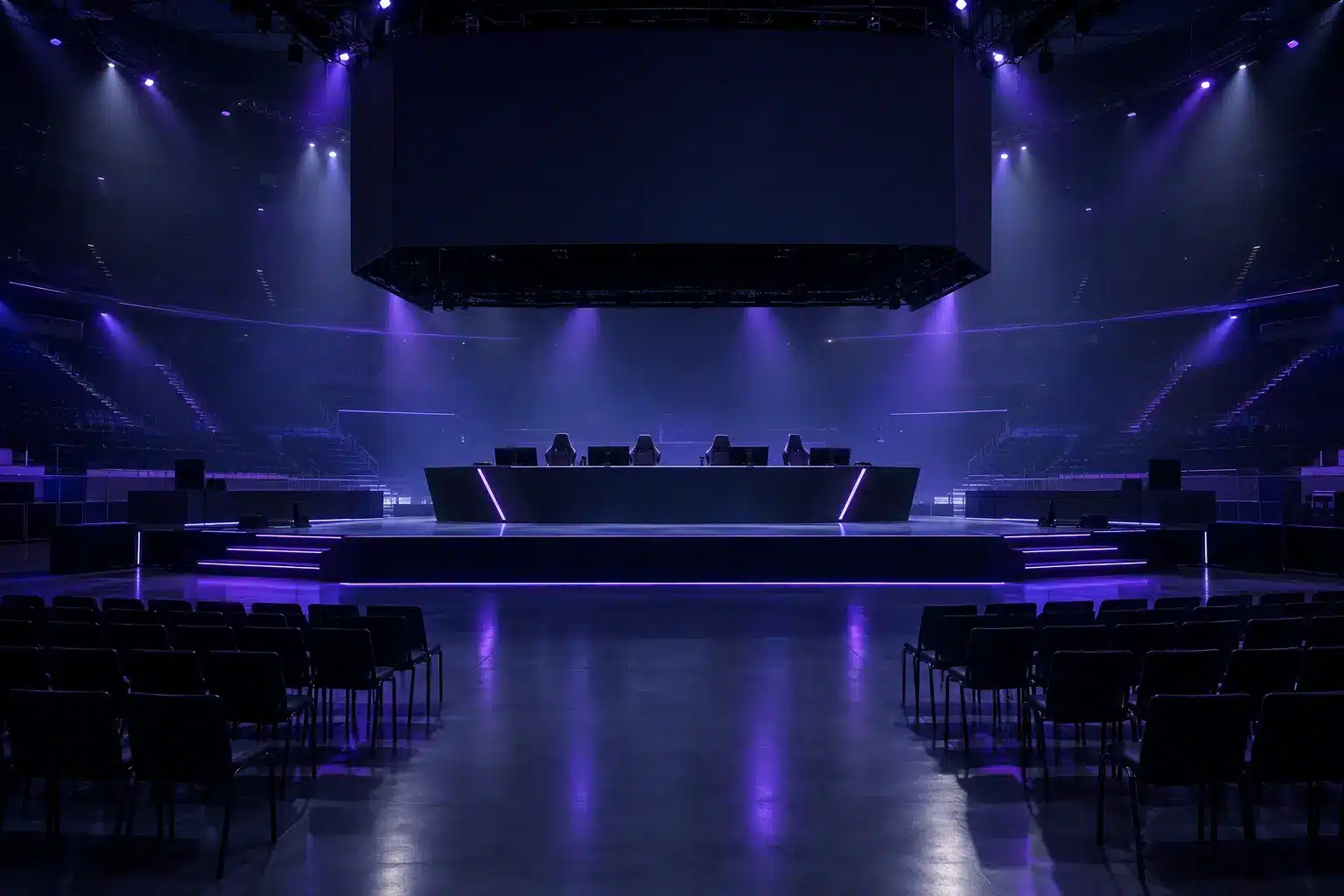Palco vazio de esportes eletrônicos preparado para um torneio adiado das finais do FIFAe em Jeddah