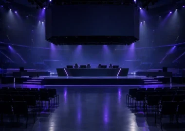 Empty esports stage prepared for a postponed FIFAe Finals tournament in Jeddah