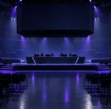Empty esports stage prepared for a postponed FIFAe Finals tournament in Jeddah