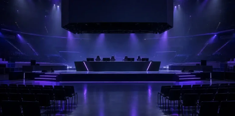 Empty esports stage prepared for a postponed FIFAe Finals tournament in Jeddah