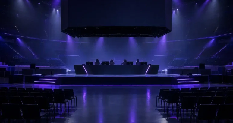 Empty esports stage prepared for a postponed FIFAe Finals tournament in Jeddah