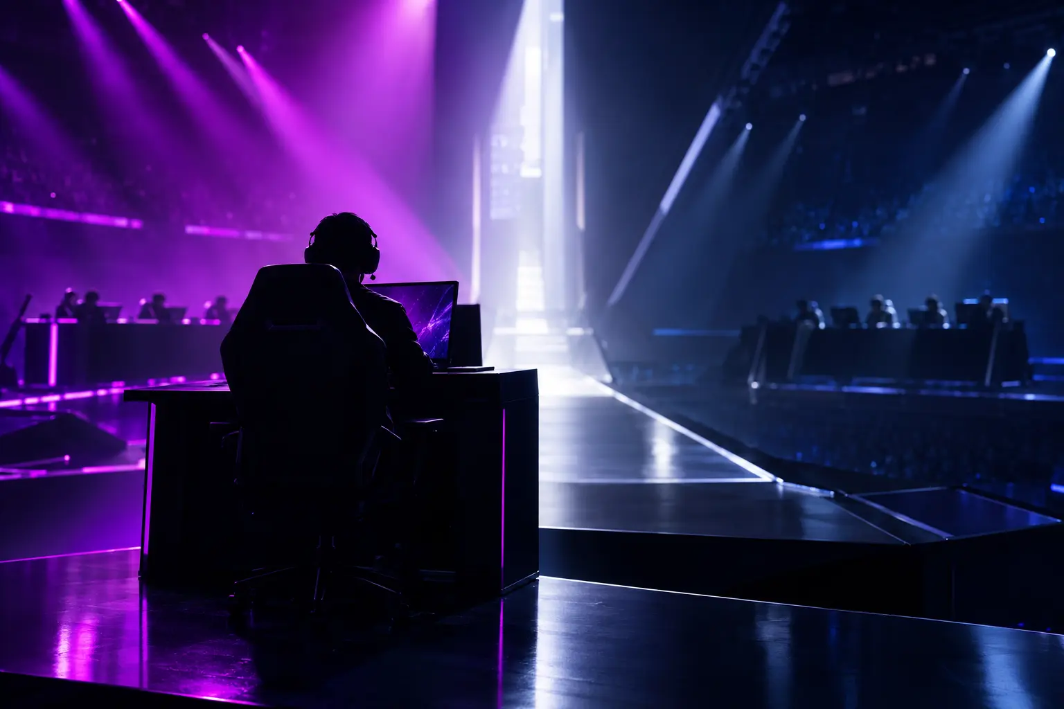 Palco da arena de esportes ilustrando vitórias contrastantes nas quartas de final de Xangai para G2 e Vitality