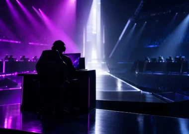 Esports arena stage illustrating contrasting Shanghai quarter-final victories for G2 and Vitality